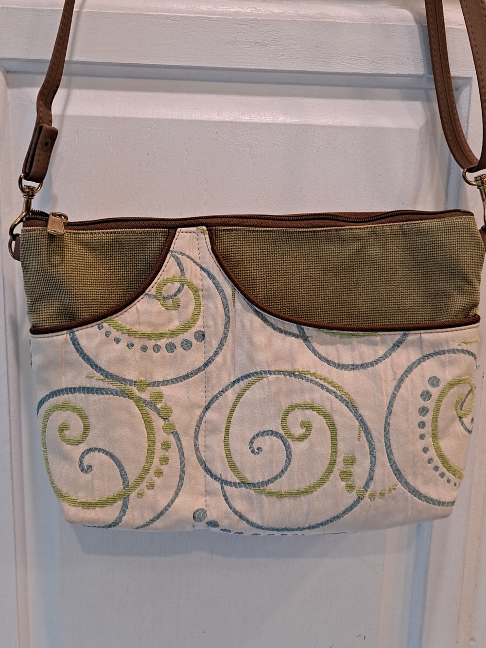 DANNY K. Cream Canvas Crossbody Green & Blue Embroidered Abstract Swirl Accents